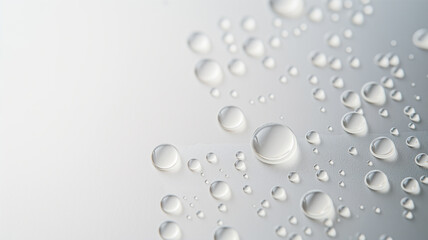 Water droplets on a smooth surface, varying sizes, glistening, purity and freshness concept.