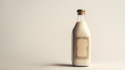 Glass milk bottle with a decorative label and a metal cap, vintage dairy theme against a beige background. - obrazy, fototapety, plakaty