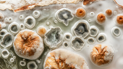 Close-up of mold growth on bread, a variety of textures and patterns, decomposition in process.