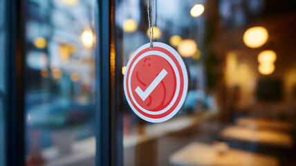 A checkmark sign in a red circle hanging on a glass door, blurred cafe interior in the background.