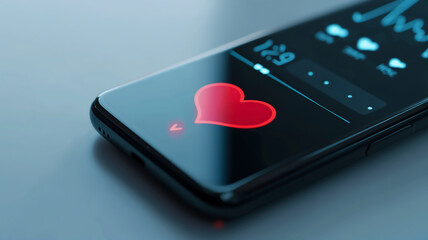 Red heart icon on a smartphone screen, subtle reflection, modern technology and love concept.