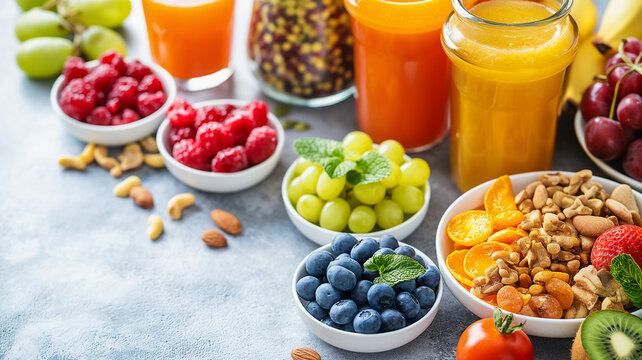 Assorted fresh fruits, nuts, and juices arranged on a textured surface, vibrant and healthy food choices.
