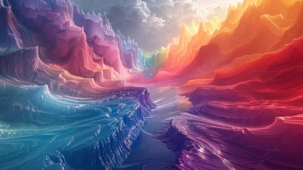 Wandcirkels aluminium Picture a vibrant 3D landscape, where waves of colors flow seamlessly into one another, forming a dynamic and stunning spectrum that dazzles the senses. © ChomStyle