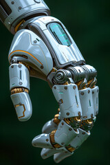 A highly detailed robotic hand is captured in close-up, exhibiting advanced technology and mechanical precision