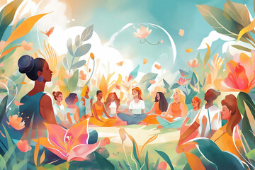 A group of diverse men and women are sitting in a circle, meditating in a beautiful garden.