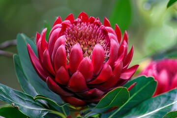 A detailed view of a vibrant red Waratah flower blooming on a tree, showcasing its intricate petals and rich color against a backdrop of green foliage.