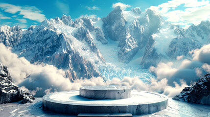 Cloud-crowned splendor: glacier podium grandeur - obrazy, fototapety, plakaty