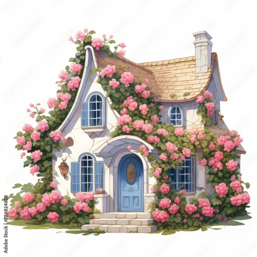 Poster generative ai a charming fairytale home adorned with vibrant climbing roses and a serene white backd