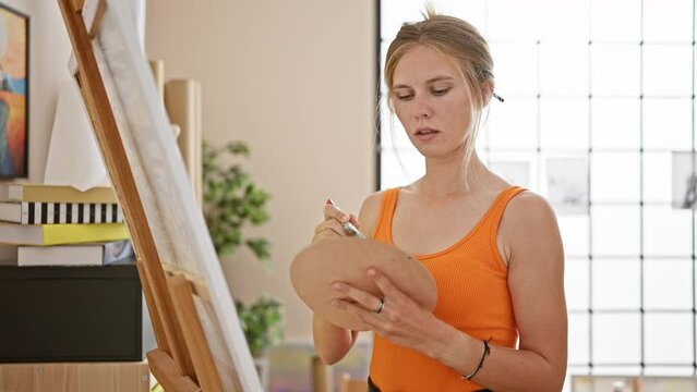 Focused blonde woman painting on canvas in a bright studio