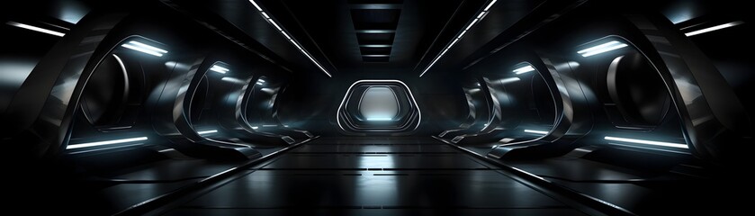 Futuristic Dark Underground Tunnel with Geometric Lighting and Architectural Design - obrazy, fototapety, plakaty