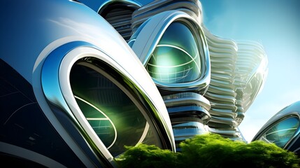 Futuristic Eco-Friendly Cityscape with Vegetated High-Rise Structures Bathed in Bright Sunlight