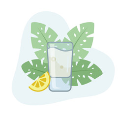 Tequila shot and lemon flat vector Illustration icon decorated with leaves for web use liquor, Mexico, shot, alcohol