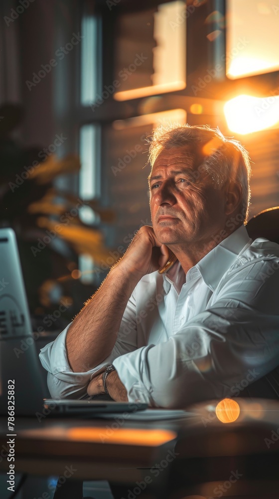 Poster a man sitting in front of a laptop computer, focused on the screen, typing and scrolling with a seri