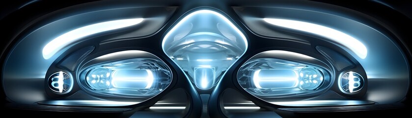 Futuristic Spaceship Interior Bathed in Glowing White and Blue Illumination,Showcasing Advanced Technology and Design