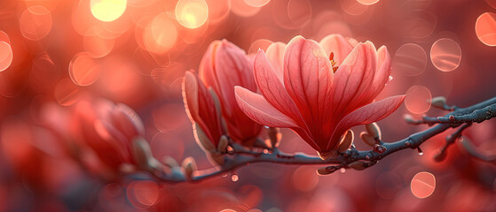 a red flower that is on a branch with blurry lights