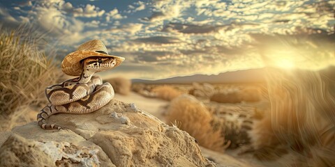 A large banner with a python in a straw hat lying on a stone and basking in the sun. The symbol of the year 2025. Copy space.
