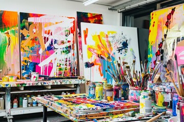 A vibrant art studio with colorful paint palettes, bold brush strokes, and abstract canvases, Generative AI