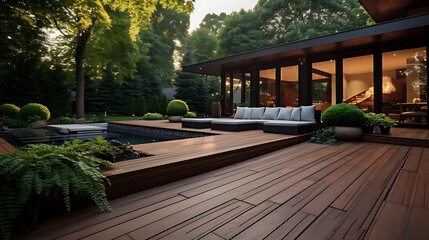 Modern house design with wooden patio low angle view of ipe hardwood decking 