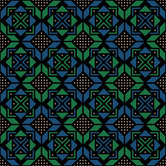 carpet sample. aztec motifs. vector seamless pattern. black repetitive background. blue green silver geometric shapes. fabric swatch. wrapping paper. design template for textile, home decor, linen