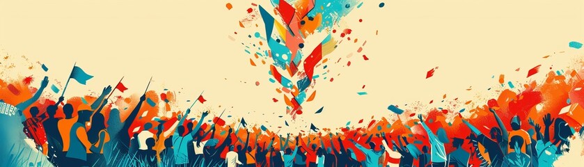 Dynamic illustration of an abstract crowd celebrating at a festival with vibrant splashes of color and flying confetti.