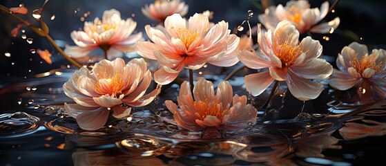 a many pink flowers floating in a pond of water