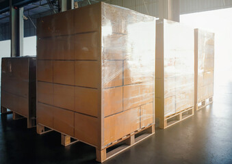 Package Boxes Wrapped Plastic on Pallets in Warehouse. Cartons, Cardboard Boxes. Warehouse Shipping, Supplies Storehouse Distribution, Shipment Boxes, Supply Chain, Warehouse Logistics.