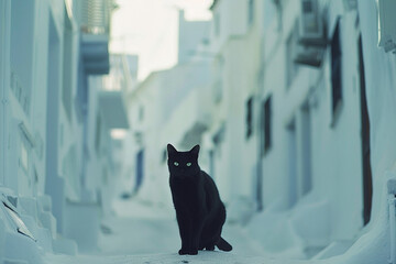 A black cat standing in a street of white houses in the sides.
