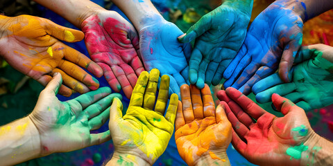 A group of people with their hands painted in different colors  hands during Holi festival near Pune f unity and teamwork Holi colors festival Friendship concept.