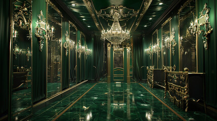 Creating an elegant, emerald green and gold accented dressing room with full-length mirrors and crystal chandeliers.