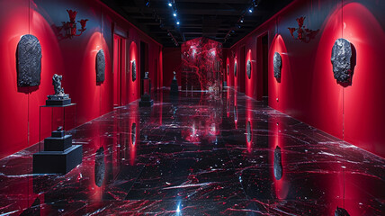 Crimson light reflecting off polished obsidian floors, illuminating unsettling sculptures.