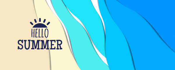 hello summer beach blue sea waves abstract paper cut banner design vector illustration