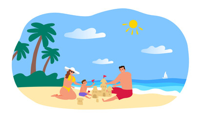 happy family father mother and son  build sand castle on the beach vector illustration