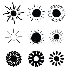 vector set of elements, hand drawn sun icon on white background