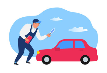 car inspection inspector mechanic  holding magnifying glass checking a vehicle vector illustration - 786827660