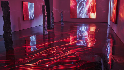 Crimson light reflecting off polished obsidian floors, illuminating unsettling sculptures.