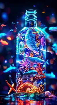 the image of marine animals in a glass bottle, bright colors, three-dimensional light