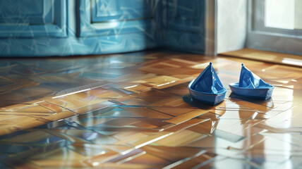 Deep ocean blue slippers, resembling tiny sailboats, drifting lazily on the smooth surface of a polished parquet floor.