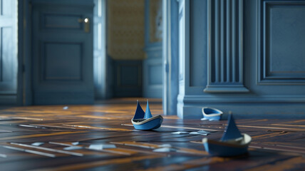Deep ocean blue slippers, resembling tiny sailboats, drifting lazily on the smooth surface of a polished parquet floor. - obrazy, fototapety, plakaty