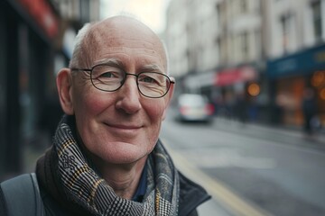 Portrait of a senior man with glasses on the streets of London