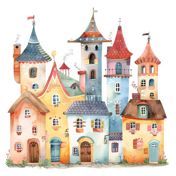 Watercolor fairy tale town with cute houses.