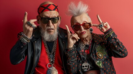 Elderly couple dressed in punk rock outfits, posing with attitude
