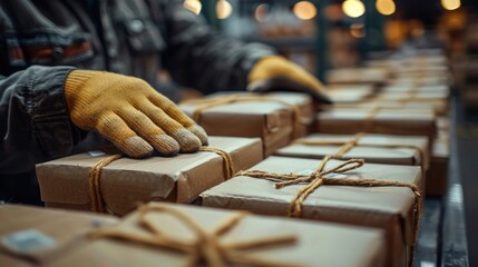 A close-up of hands carefully sorting packages, emphasizing attention to detail and precision.