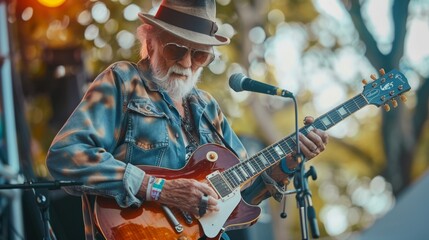 Fototapeta premium Elderly man performing a rock guitar solo on stage at a music festival