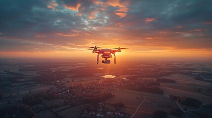 A delivery drone hovers gracefully against a picturesque sky, symbolizing innovation and progress.