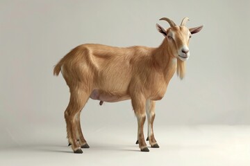 a brown goat standing on top of a white floor