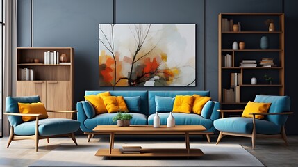 Modern interior design of living room with blue sofa and wooden coffee table. Home interior with...