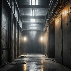 old abandoned building,An atmospheric industrial environment with gritty metal surfaces and dimly lit corridors, evoking a sense of mystery and intrigue.