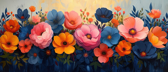 painting of a painting of a bunch of flowers on a blue surface