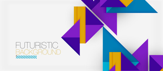 Vibrant triangles and rectangles in shades of purple, violet, and magenta create a futuristic background on a white canvas, showcasing colorfulness and geometric shapes