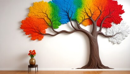 3d-wallpaper--Tree-painting-in-colorful-wall-relief